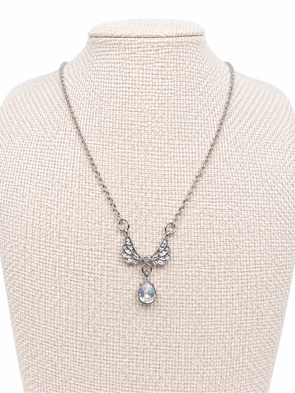 Angel Wing Crystal Teardrop Necklace Silver Tone Guardian Angel Pendant New
